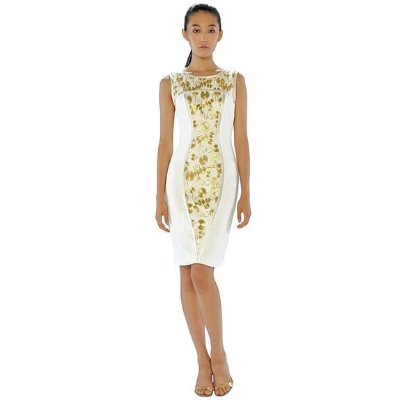 Theia Gilded Embroidered Sheath Cocktail Dress White & Gold Size 6 Event - Picture 1 of 11